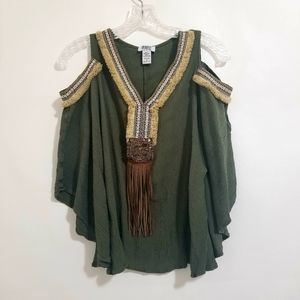 Women M Embroidered Cold Shoulder Top Olive Green